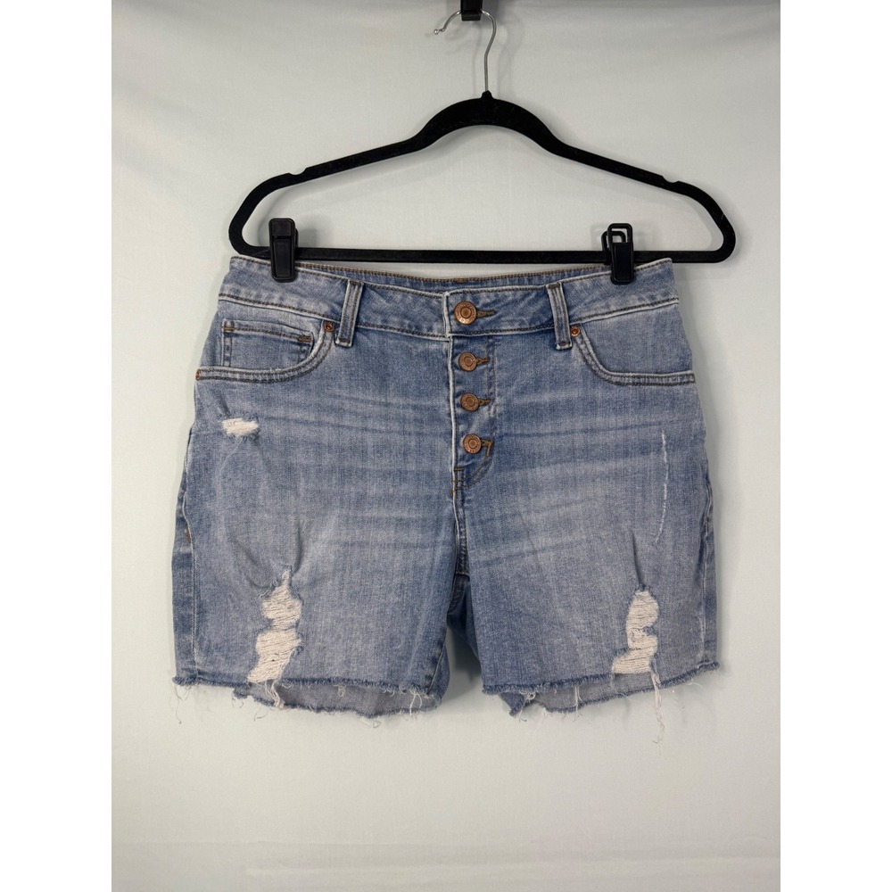 Maurices Denim Shorts Womens 8 Blue High Rise Button Fly Distressed Raw Hem